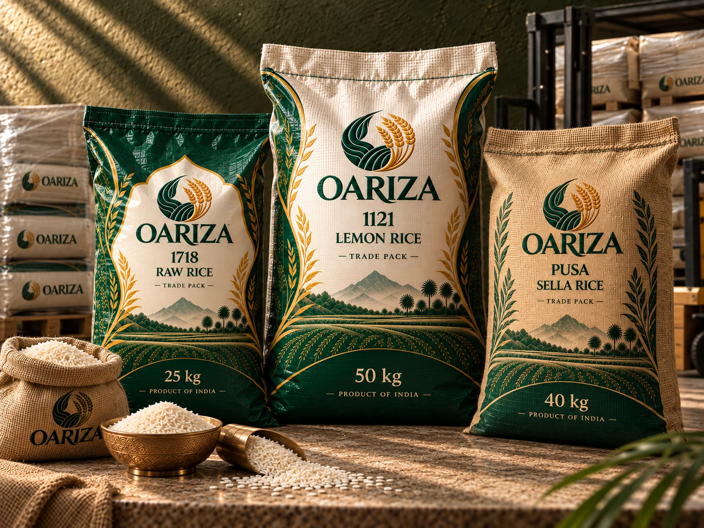 Oariza bulk packs — woven and jute sacks in 25, 40 and 50 kg, staged for container loading
