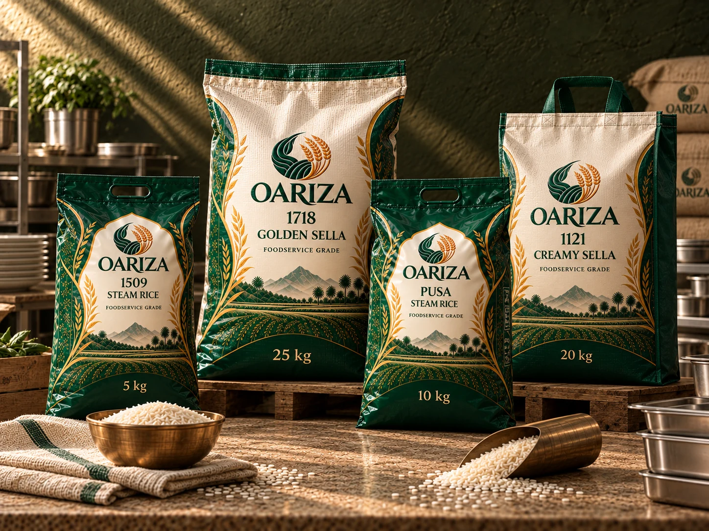 Oariza foodservice packs — woven and laminated bags in 5, 10, 20 and 25 kg
