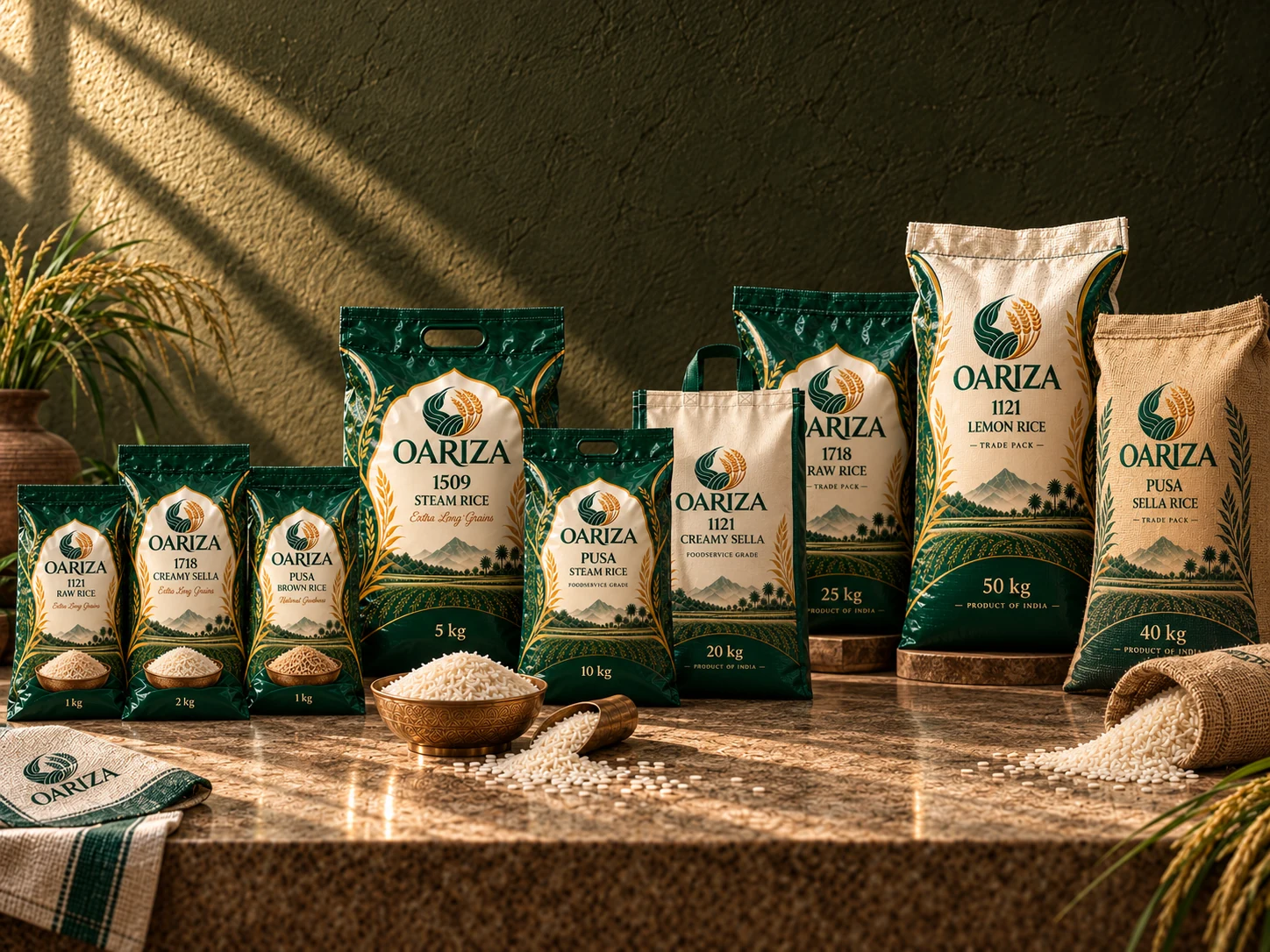 The Oariza packaging family on one counter — consumer pouches, foodservice bags and bulk sacks from 1 kg to 50 kg