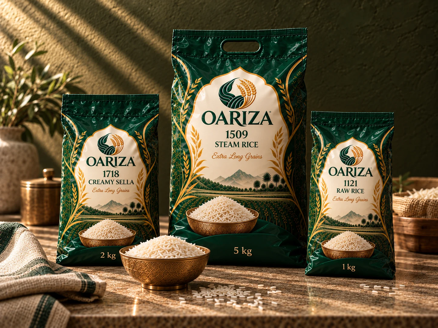 Oariza retail packs — printed pouches and consumer bags in 1, 2 and 5 kg, carrying private-label artwork