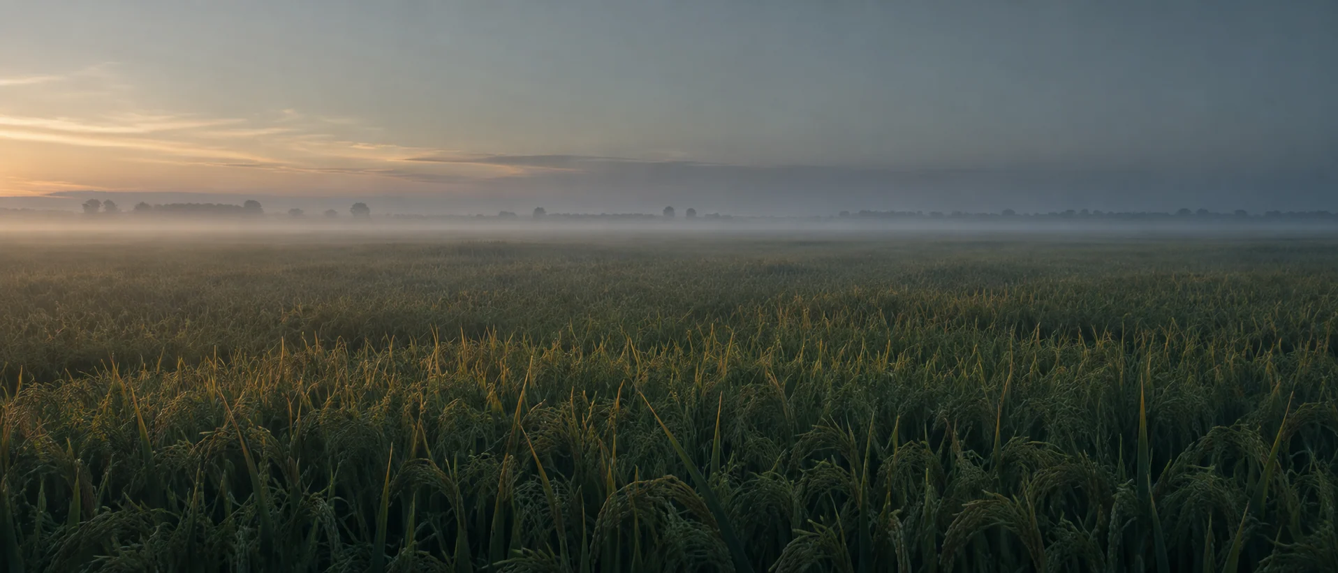 The Indo-Gangetic plain at first light, standing crop to the horizon, no figures
