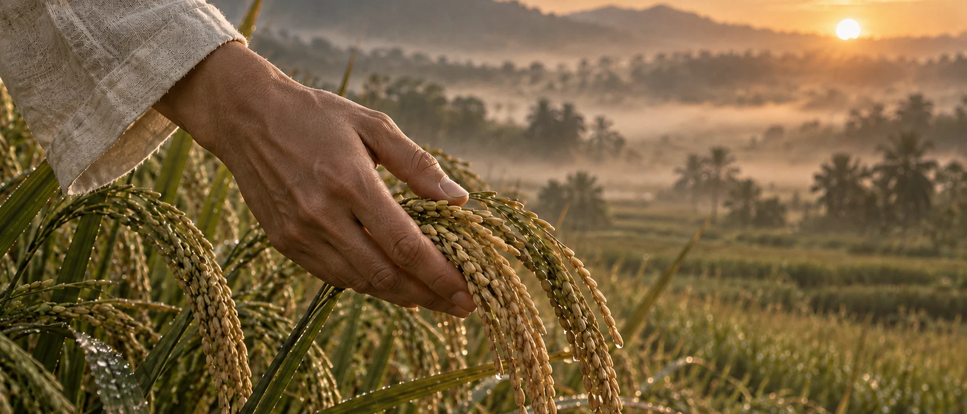 A hand resting among heavy basmati panicles at first light, the valley and low mist behind