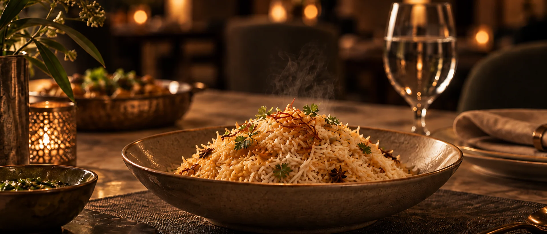 A finished bowl of basmati on a laid table under warm light
