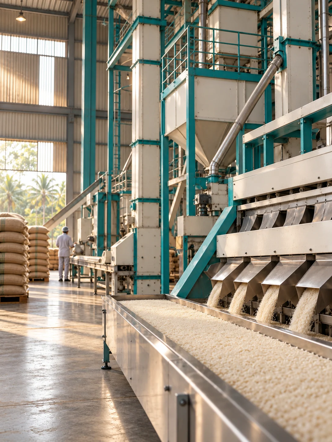 The mill floor: an optical sorter discharging onto a conveyor of milled grain, stacked sacks and a figure in whites beyond