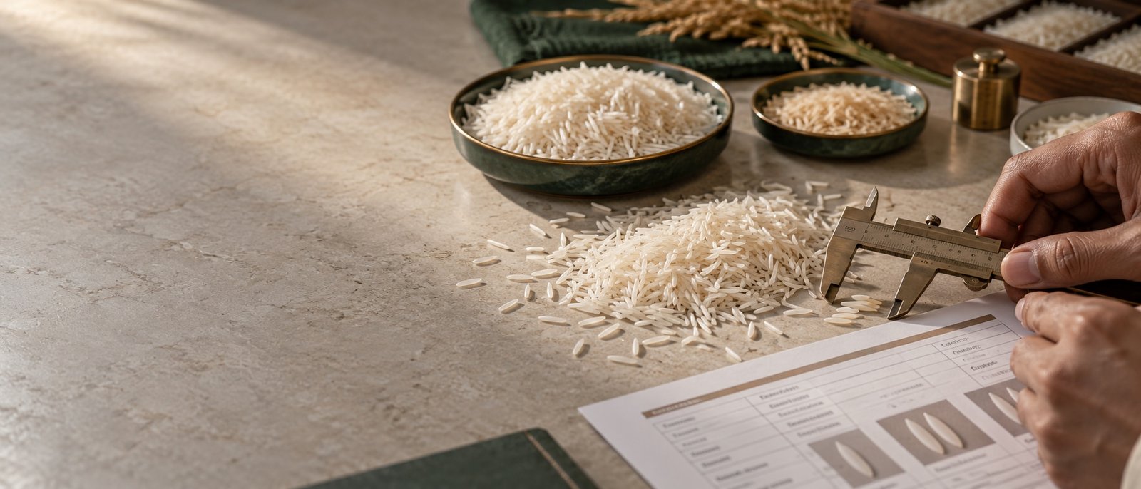 A quality-control worktable with basmati grain samples, a specification sheet and measuring tools during product assessment.