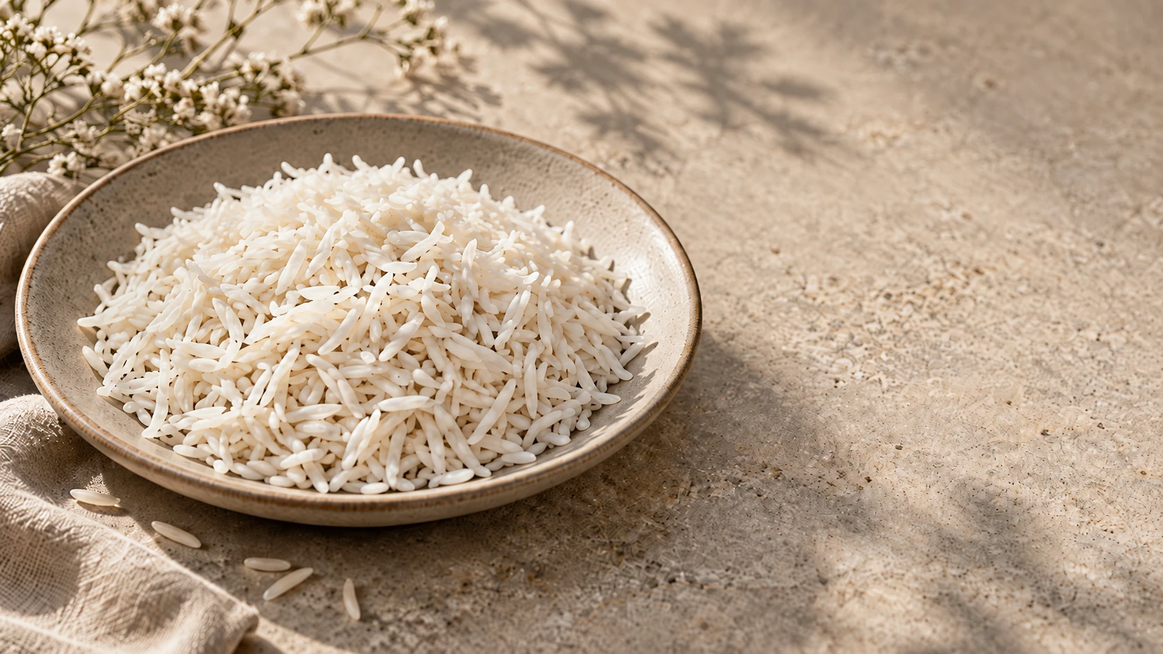 1121 basmati rice in a ceramic dish on warm stone