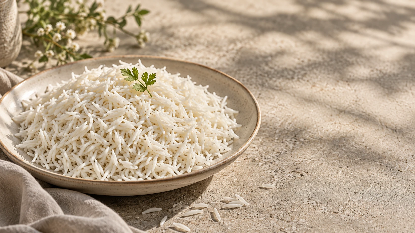 1509 basmati rice in a ceramic dish on warm stone