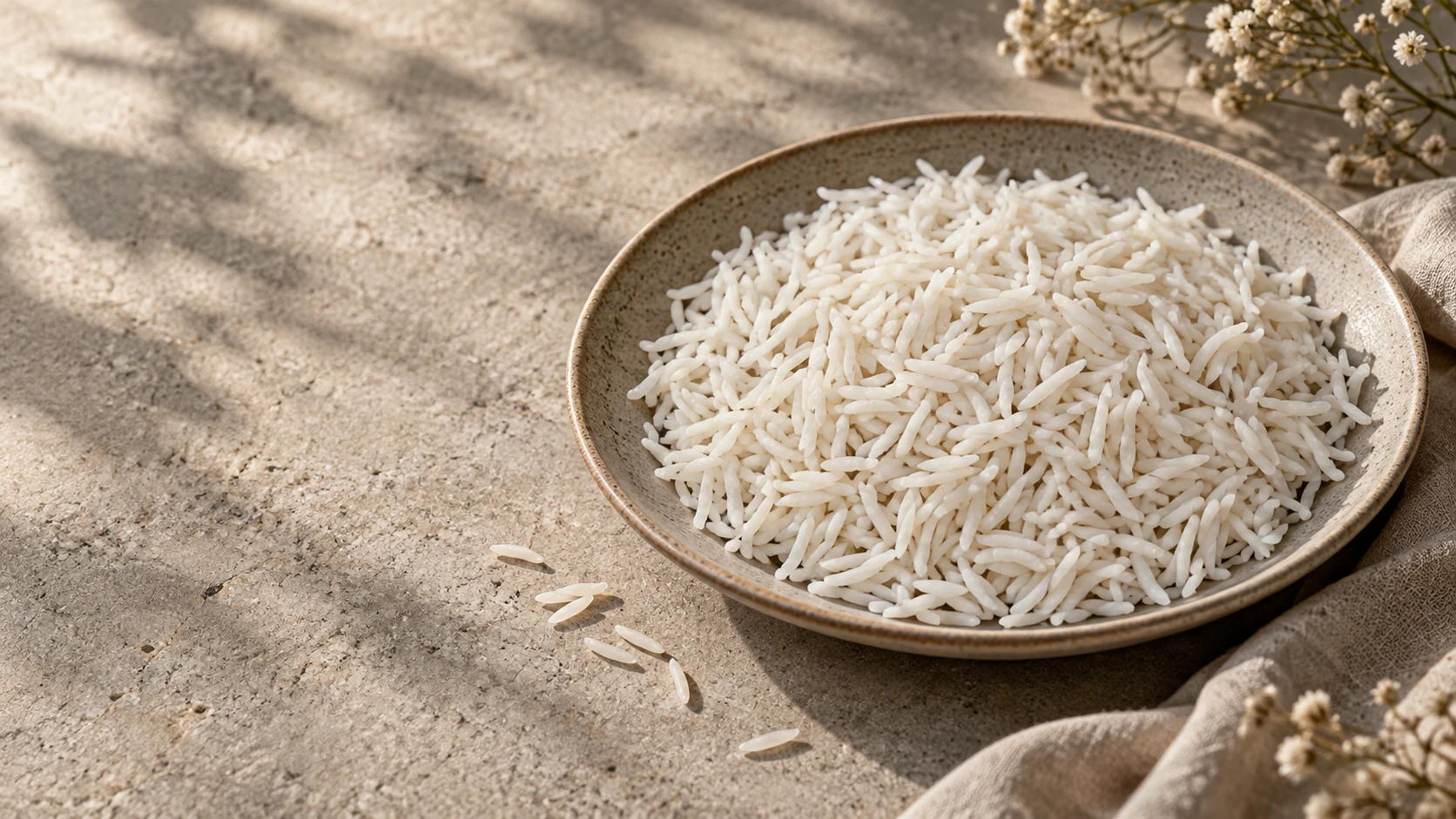 1718 basmati rice in a ceramic dish on warm stone