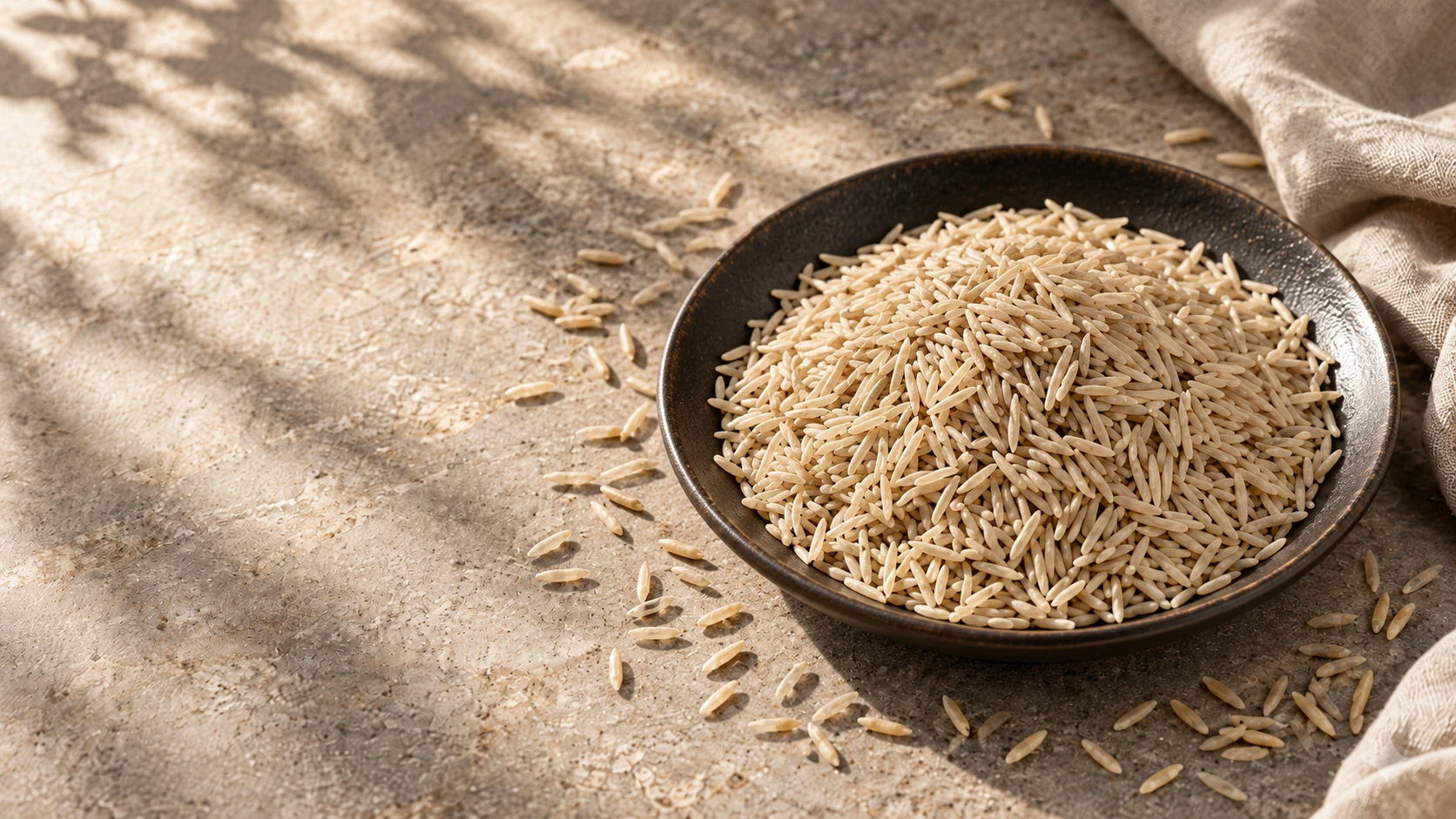 Pusa basmati rice in a ceramic dish on warm stone