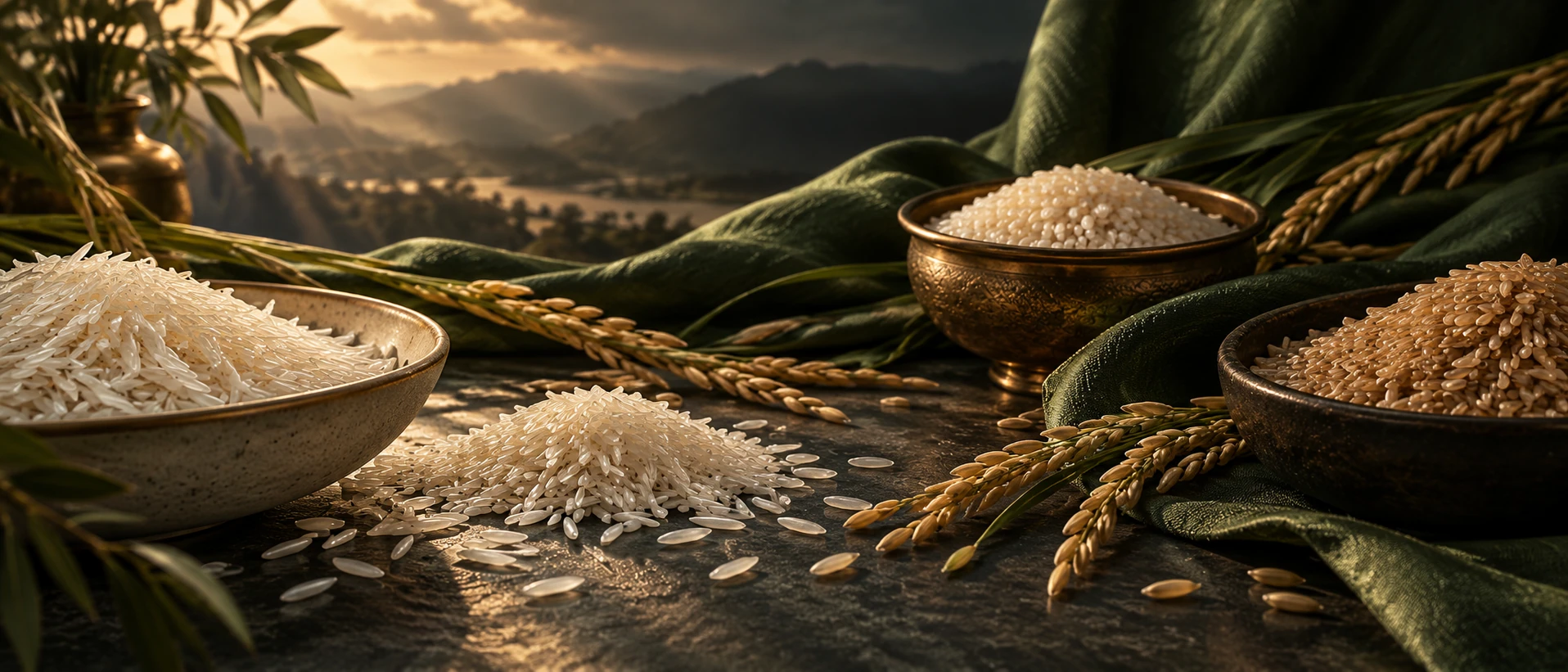 A selection of rice varieties on stone with deep green fabric